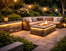 IP67 LED strip light integrated into outdoor stone seating wall and fire pit structure, providing warm 3000K linear lighting for patio landscape and architectural illumination in all-weather conditions.
