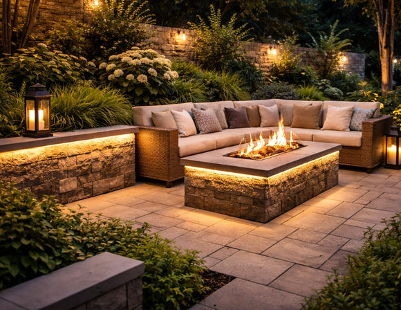 IP67 LED strip light integrated into outdoor stone seating wall and fire pit structure, providing warm 3000K linear lighting for patio landscape and architectural illumination in all-weather conditions.