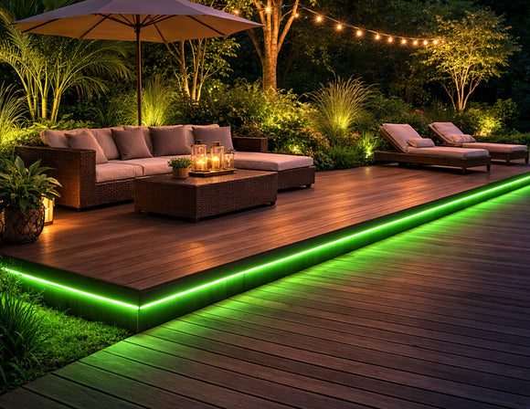 RGB IP65 LED strip light installed along outdoor deck edge, providing green linear accent lighting for patio seating area and enhancing architectural visibility in exterior environments.