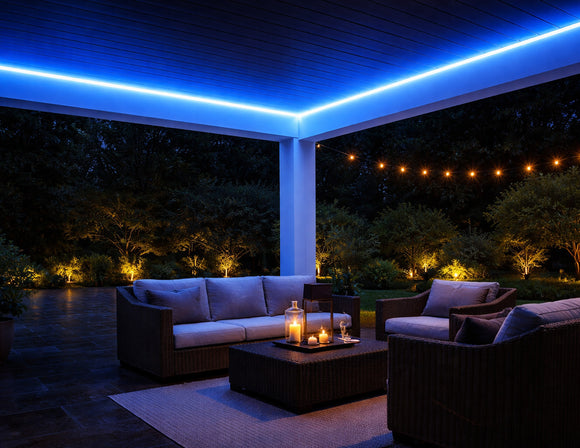 RGB IP65 LED strip light installed in outdoor patio ceiling cove, providing color-changing linear lighting for ambient architectural illumination in semi-outdoor environments.