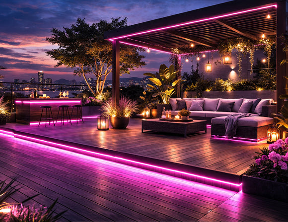 RGB IP65 LED strip light installed along rooftop deck, pergola, and bar area, providing pink linear lighting for outdoor architectural ambiance and color-changing illumination.