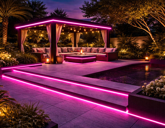 RGBW IP67 LED strip light installed along poolside deck, pergola roof, and seating area, creating pink linear lighting for outdoor architectural and landscape lighting design.