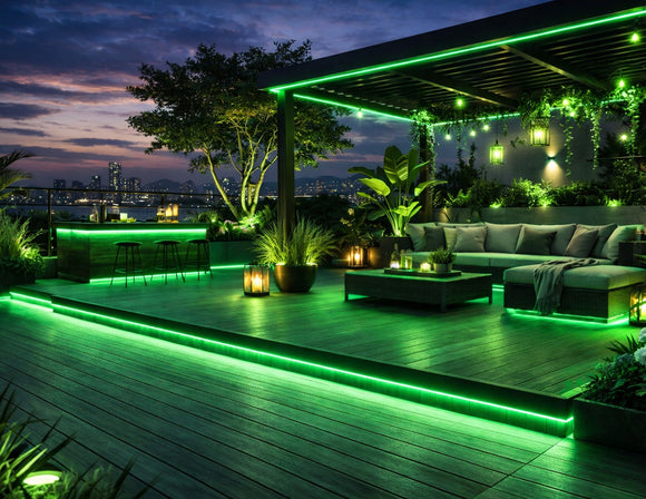 RGBW IP67 LED strip light installed along rooftop deck edges, pergola ceiling, and bar area, creating green linear lighting for outdoor architectural and landscape lighting applications.