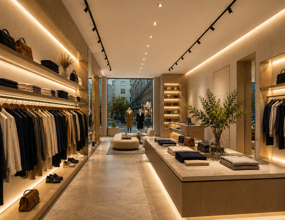 LEGEND Series Tape Light, High 97 CRI 3000K, integrated into luxury fashion displays for warm shelf lighting and accurate clothing color rendering.