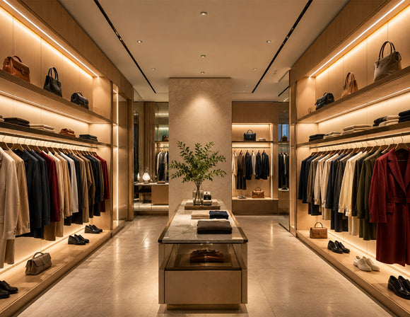 LEGEND7 Series White LED Strip Light, 2700K High 97 CRI, integrated into luxury fashion displays for warm, accurate clothing color and shelf lighting.