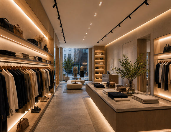 LEGEND7 Series White LED Strip Light with High 97 CRI integrated into fashion retail displays for accurate clothing colors and continuous shelf illumination.