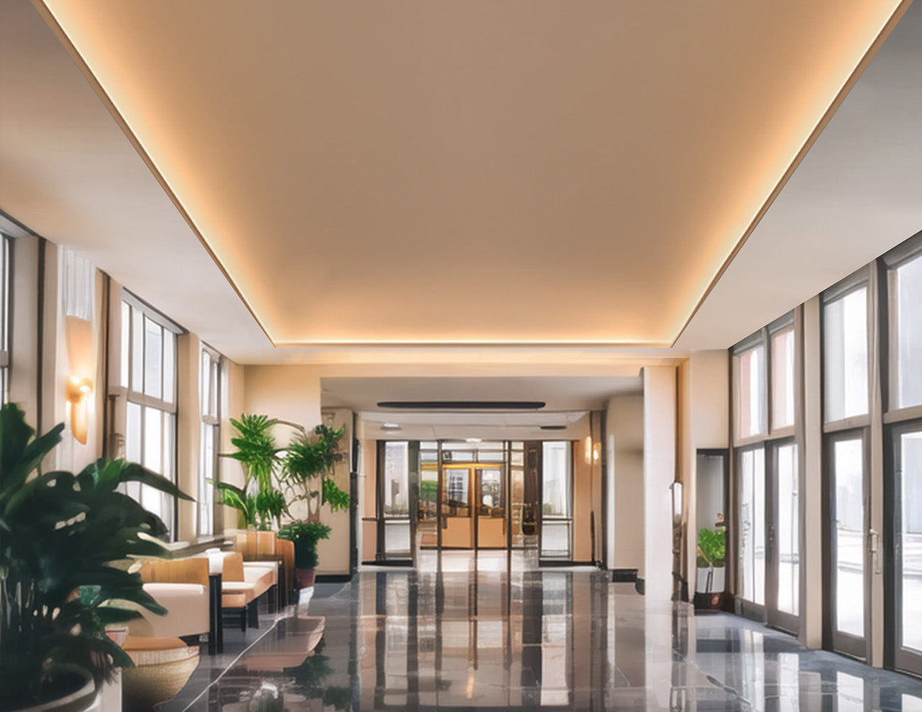 120V LED Strip Light installed on the ceiling of a company lobby using L Shape Mounting Clips for a smooth and continuous 90-degree corner lighting effect.