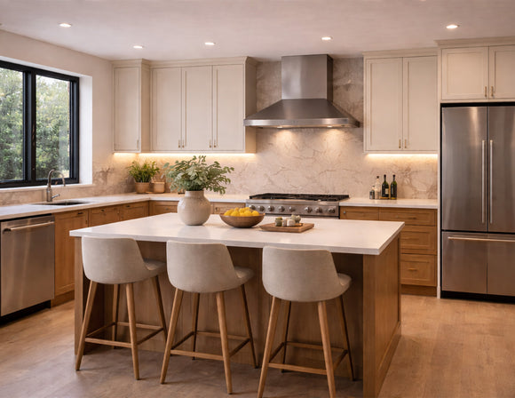 Modern kitchen illuminated with recessed undercabinet light and integrated LED strip lighting, providing professional cabinet task lighting solution by GL LED US LIGHTING.