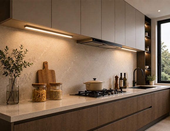 Modern open-concept kitchen featuring integrated Undercabinet Lighting beneath wall cabinets, providing uniform countertop illumination and enhancing the architectural design of the space.