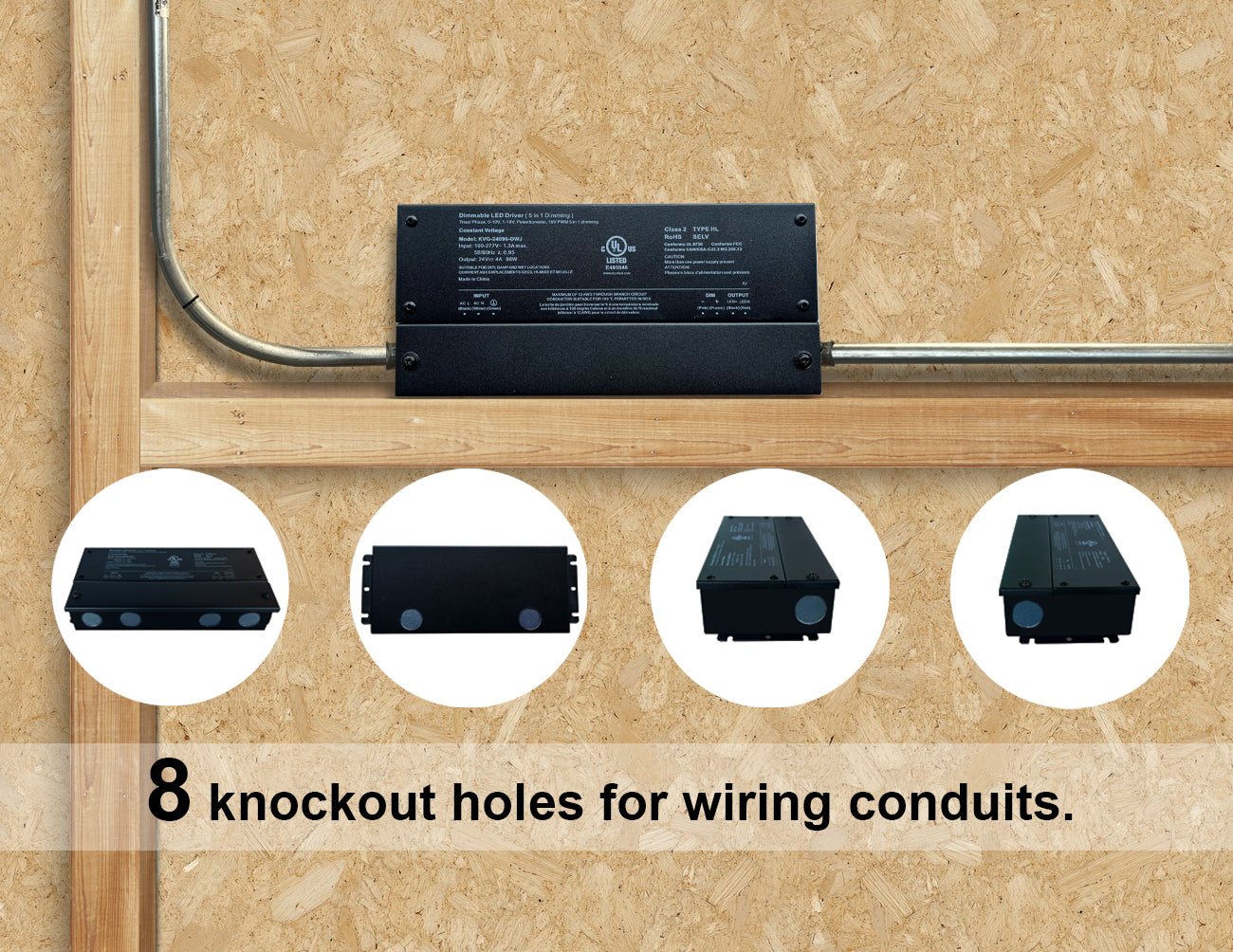 An installation overview showing a power supply with an 8-knockout junction box, highlighting the multiple entry points for wiring.