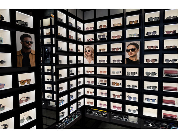 Recess Mount LED Cabinet light applied in retail eyewear display wall, featuring uniform backlit shelves with glare-free illumination for premium product presentation