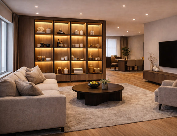 Recessed Undercabinet LED strip lighting integrated into built-in wooden display cabinet, providing 3000K warm linear illumination for residential architectural interior projects