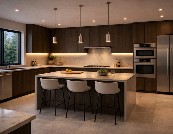 Recessed undercabinet LED strip lighting installed beneath modern kitchen cabinets, providing uniform 3000K warm white task illumination for residential architectural lighting projects