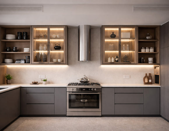 Recessed undercabinet LED strip lighting integrated into modern kitchen cabinetry and display shelves, providing uniform 3000K warm white linear illumination for residential architectural projects