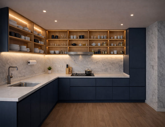 Recessed undercabinet LED strip lighting integrated beneath modern L-shaped kitchen cabinets and shelving, providing uniform 3000K warm white linear task illumination for residential architectural projects