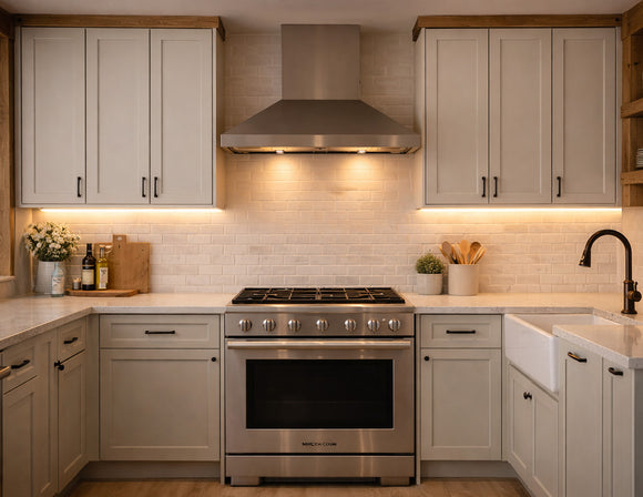 Recessed undercabinet LED strip lighting installed beneath white kitchen cabinets, delivering uniform 3000K warm white task illumination for residential architectural lighting applications