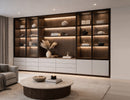 Recessed undercabinet LED strip lighting integrated into custom wood display cabinet shelving, providing uniform 3000K warm white linear illumination for residential architectural projects