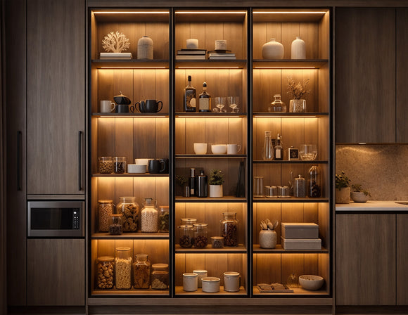 Recessed undercabinet LED strip lighting integrated into custom wood display cabinets, providing uniform 3000K warm white linear illumination for residential and commercial architectural projects