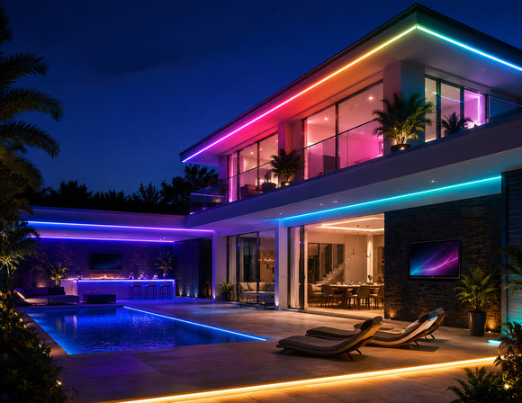 RGB SPI LED Strip - Digital Color-Chasing LED Tape Light integrated along a modern villa roofline, terrace and pool area for dynamic outdoor architectural lighting.