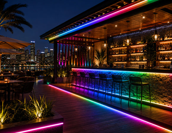RGB SPI LED Strip - Digital Color-Chasing LED Tape Light integrated into an outdoor bar, creating programmable multicolor lighting along counters, rooflines and pathways.