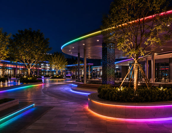 RGB SPI LED Strip - Digital Color-Chasing LED Tape Light integrated into a public plaza canopy, landscape planters and walkways for dynamic architectural lighting.