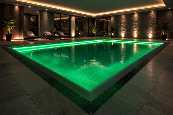 RGBW LED Swimming Pool Light Strip - Side Bend installed along indoor pool perimeter, providing uniform architectural LED strip lighting for spa and residential projects.