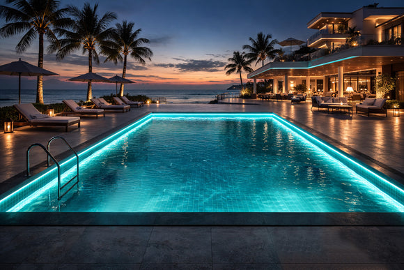 RGBW LED Swimming Pool Light Strip - Side Bend installed along seaside villa pool perimeter, providing uniform architectural LED strip lighting for outdoor residential projects.