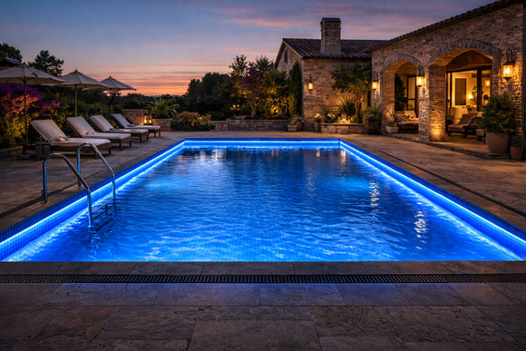 RGBW LED Swimming Pool Light Strip - Side Bend installed along villa pool perimeter, delivering uniform architectural LED strip lighting for outdoor residential projects.