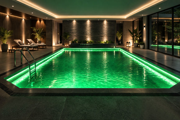 RGBW LED Swimming Pool Light Strip - Top Bend installed along indoor pool perimeter, delivering uniform RGBW architectural LED strip lighting for spa and hospitality projects.
