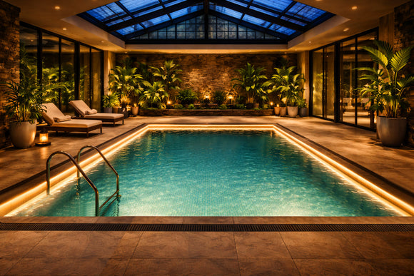RGBW LED Swimming Pool Light Strip - Top Bend installed along indoor spa pool perimeter, delivering uniform architectural LED strip lighting for hospitality and residential projects.