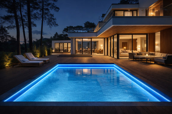 RGBW LED Swimming Pool Light Strip - Top Bend installed along modern villa pool perimeter, creating uniform blue architectural outline lighting for outdoor residential projects.
