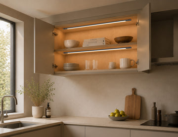 Modern kitchen wall cabinet featuring GL LED US LIGHTING Right/Left Door Control Sensor-Integrated for Under Cabinet Light with automatic linear LED illumination for architectural cabinet lighting applications