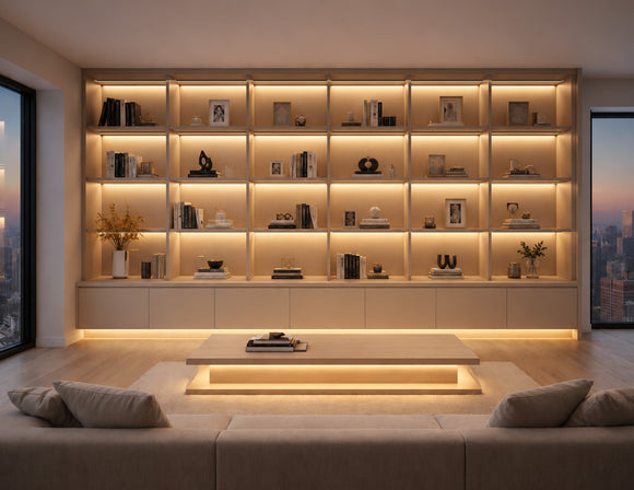 GL LED US LIGHTING Surface Mount Under Cabinet Light 31137 installed in a modern custom grid display cabinet, featuring warm linear LED shelf illumination for luxury residential and architectural interior lighting applications.