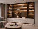 GL LED US LIGHTING Surface Mount Under Cabinet Light 31137 integrated into a modern wood display cabinet with warm linear LED shelf lighting for luxury residential and architectural interior applications.