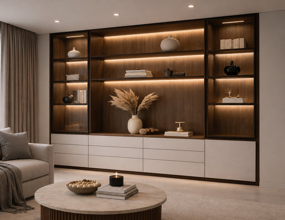 GL LED US LIGHTING Surface Mount Under Cabinet Light 31137 integrated into a modern wood display cabinet with warm linear LED shelf lighting for luxury residential and architectural interior applications.