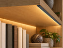 Surface Mount Under Cabinet Light - 31137 providing warm, uniform linear lighting for a modern wood display shelf.