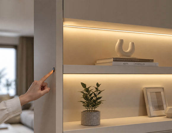 Touch dimmer controlled LED shelf lighting integrated into a modern display cabinet, providing independent brightness adjustment and seamless architectural lighting control for premium interior applications.