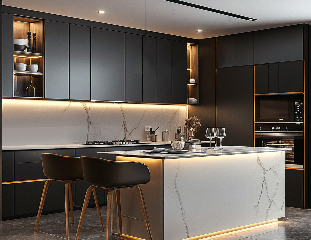Under-cabinet lighting installed with integrated touch dimmer, showing warm, even illumination across the cabinet surface.