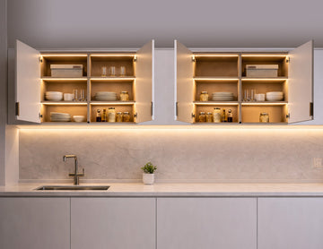 Undercabinet LED strip lighting with integrated door control sensor switch and double detector system, providing automatic cabinet illumination for residential and commercial architectural projects
