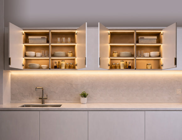 Undercabinet LED strip lighting with integrated door control sensor switch and double detector system, providing automatic cabinet illumination for residential and commercial architectural projects