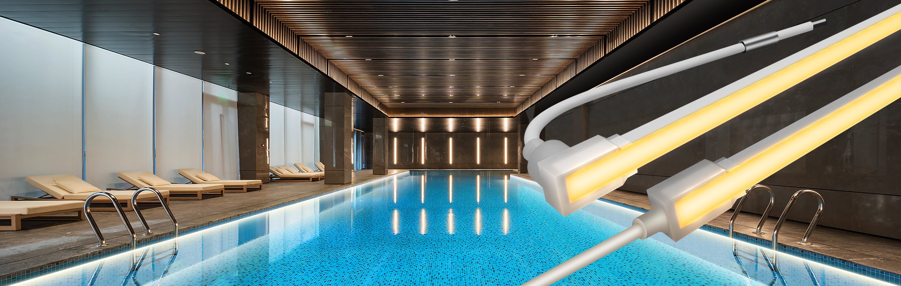 Submersible LED strip light with IP68 waterproof rating, designed for swimming pool applications and resistant to chlorine.