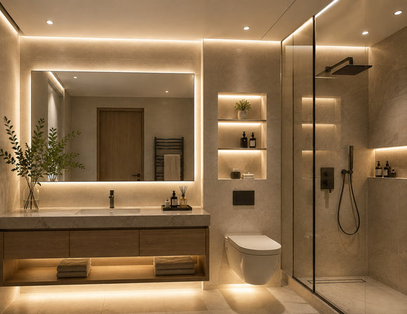 White COB LED Strip Light integrated around the bathroom mirror, ceiling coves, niches and vanity for smooth continuous architectural lighting.