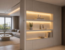 Wired Independent Control - Touch Switch & Dimmer integrated into a modern display cabinet, enabling independent dimming control of warm white LED shelf lighting for architectural millwork and commercial interior applications.