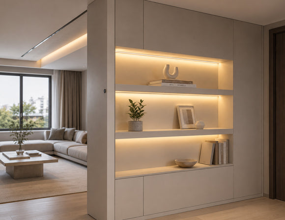 Wired Independent Control - Touch Switch & Dimmer integrated into a modern display cabinet, enabling independent dimming control of warm white LED shelf lighting for architectural millwork and commercial interior applications.