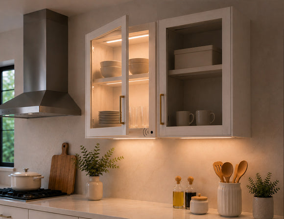 Wired Independent Control - Door Control Sensor installed in dual wall cabinets, automatically activating interior lighting when a cabinet door is opened while keeping adjacent closed cabinets unlit.