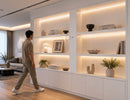 Wired Independent Control - PIR Sensor Switch integrated into a modern display cabinet, automatically activating LED shelf lighting when motion is detected for architectural and residential lighting applications.