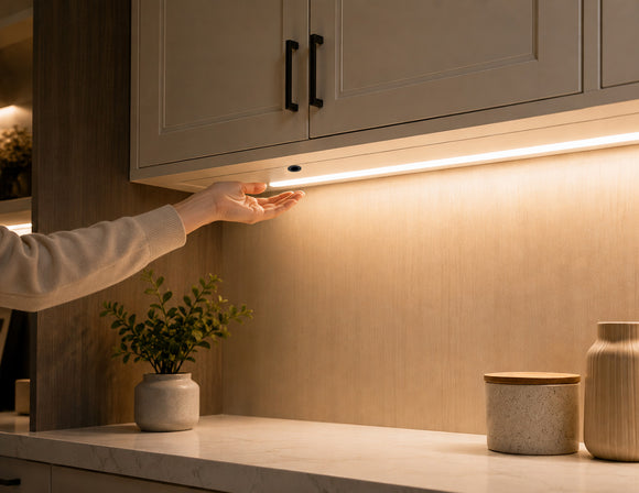Wired Independent Control - Wave Sensor Dimmer installed beneath a cabinet, enabling convenient hand wave activation and control of integrated under cabinet lighting for architectural interior applications.