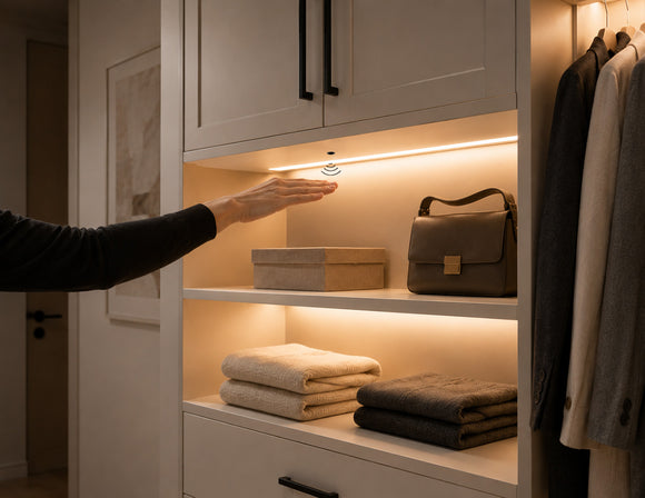 Wired Independent Control - Wave Sensor Dimmer installed in a wardrobe cabinet, allowing convenient hand wave activation of integrated lighting without touching the sensor.