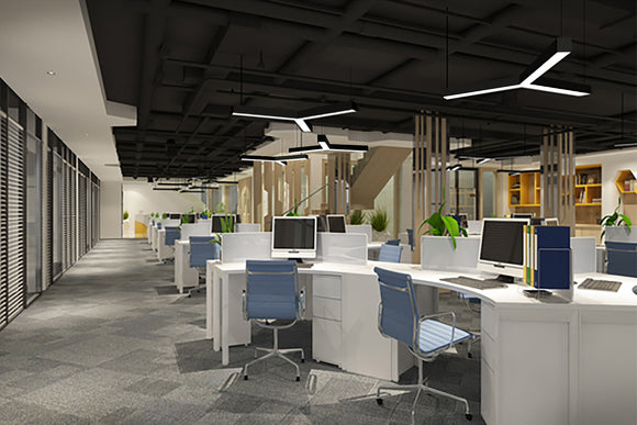 Y-shaped LED linear pendant lighting solution for architectural office ceiling with clean lines and modern lighting design.