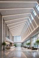 YD 7615 Silver Aluminum Channel applied in commercial lobby ceiling linear lighting, creating clean recessed lines with uniform architectural illumination